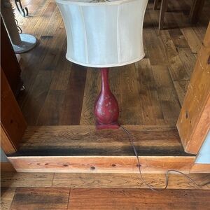 Vintage Red Lacquered Table Lamp with Gold Floral Motifs and Bell Shade